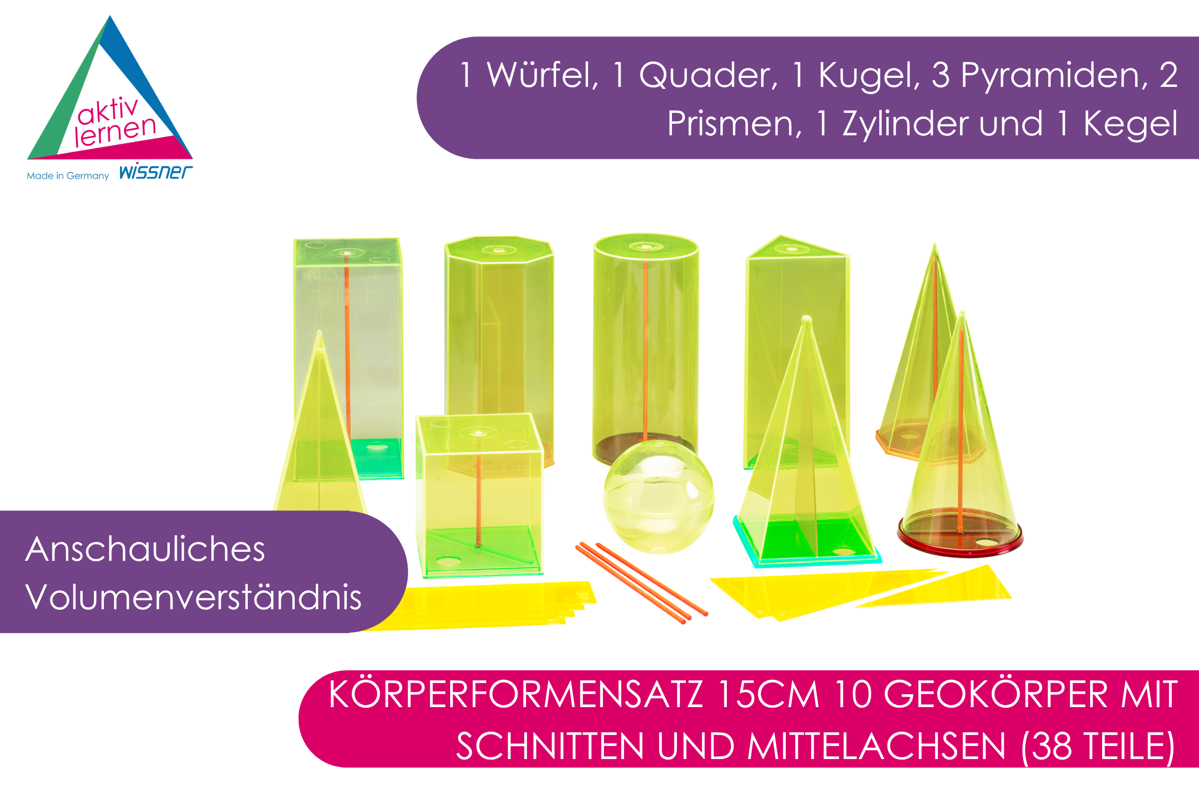 039510.000  Körperformensatz 15cm 10 Geokörper mit Schnitten und Mittelachsen (38 Teile)