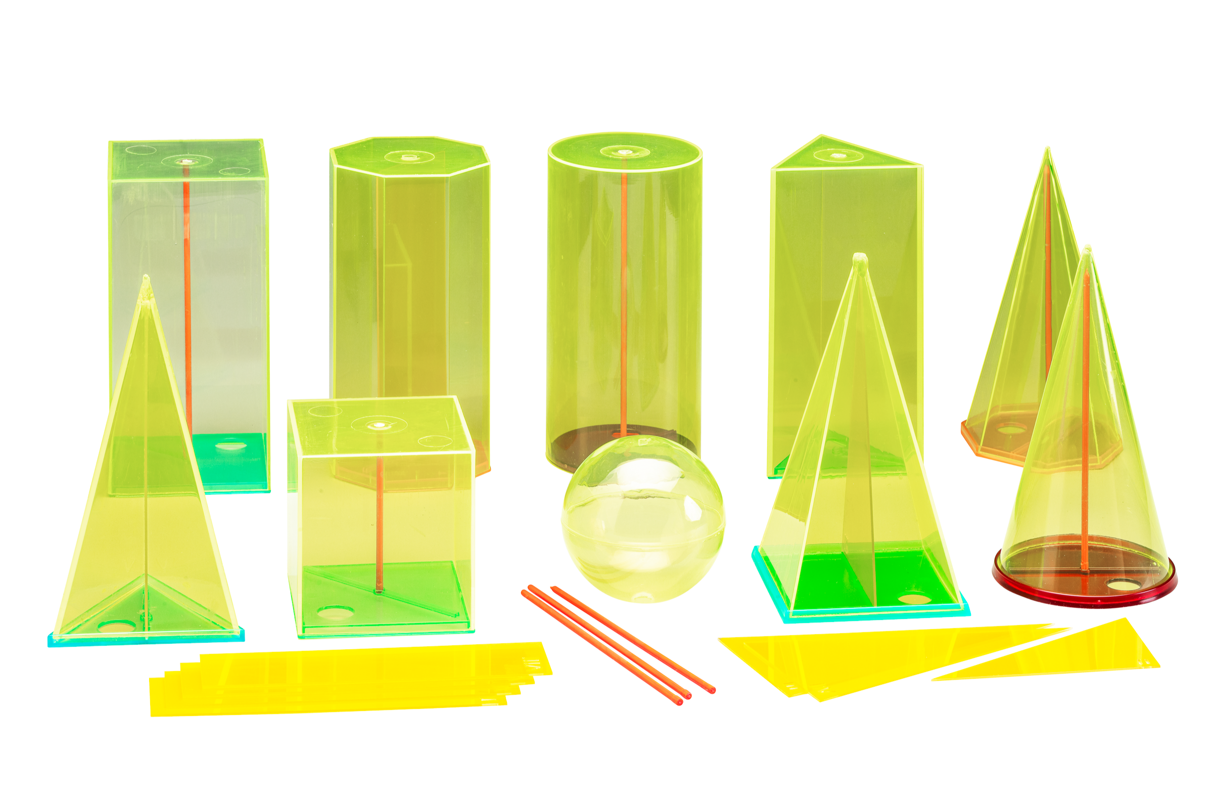039510.000 Körperformensatz 15cm 10 Geokörper mit Schnitten und Mittelachsen (38 Teile)